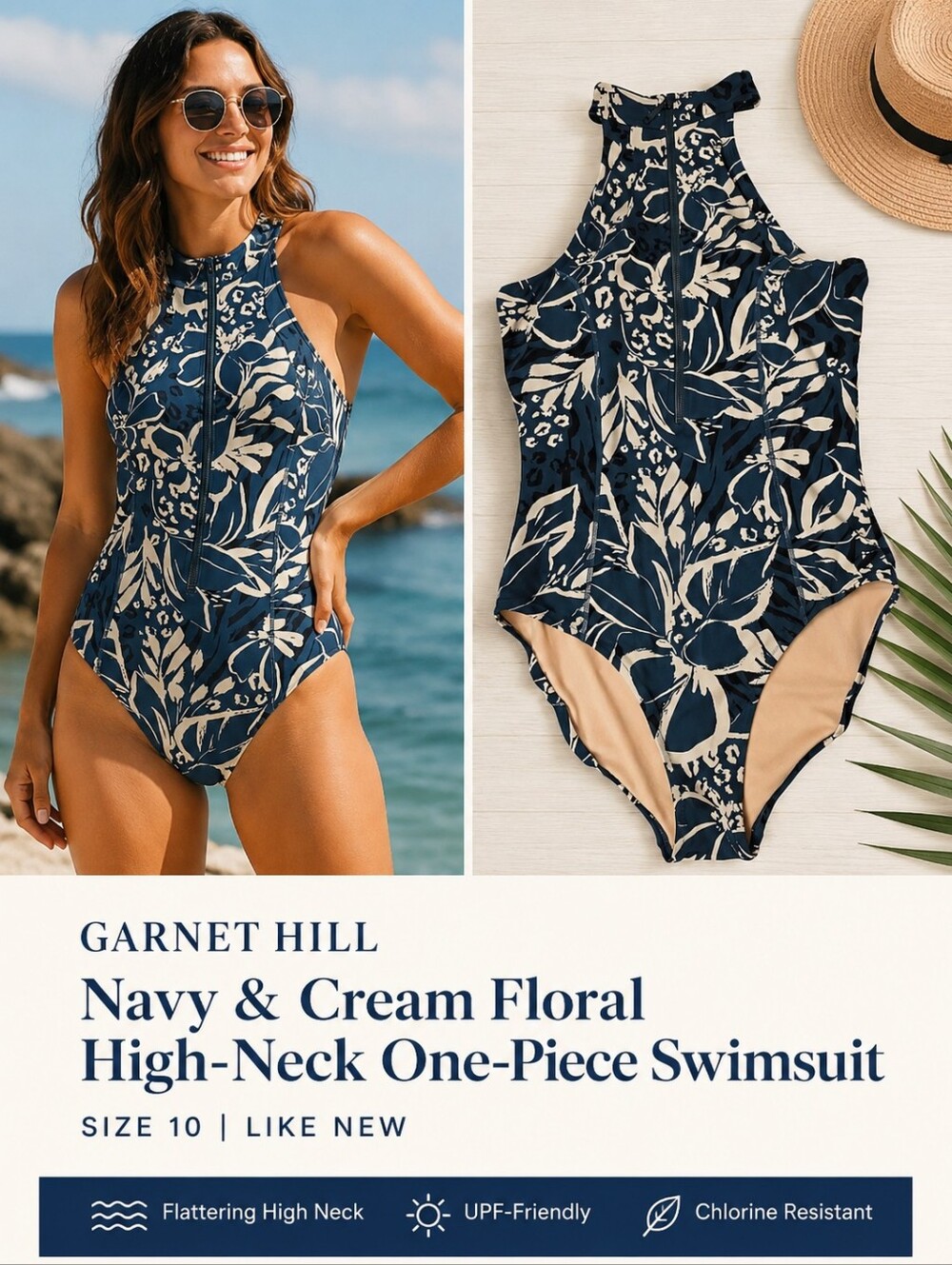 Garnet Hill Navy and Cream Floral High-Neck One-Piece Swimsuit